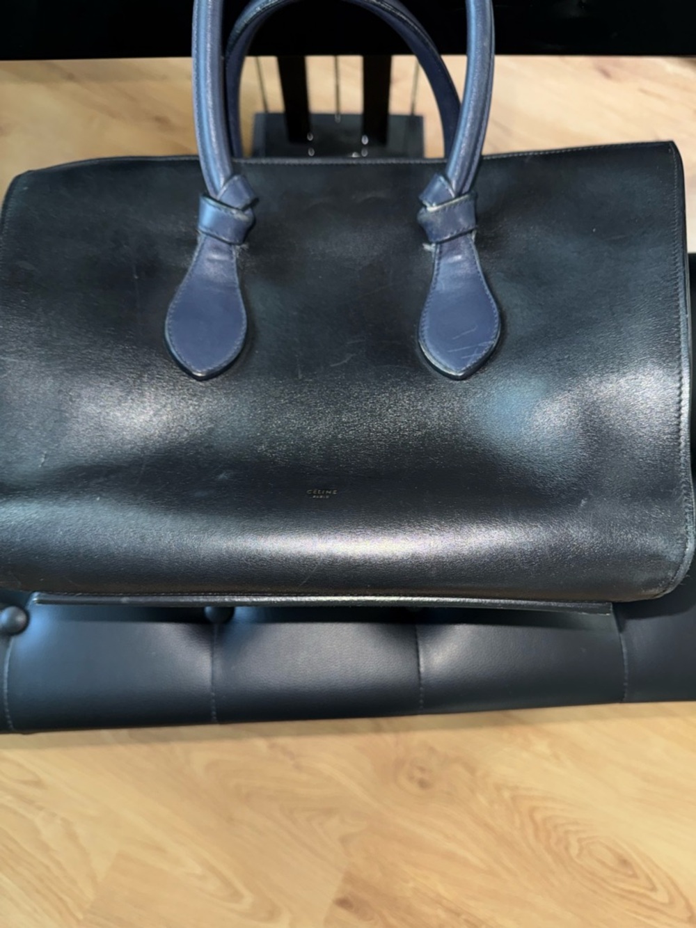 Celine Black Leather Tote with Navy Blue Handles
